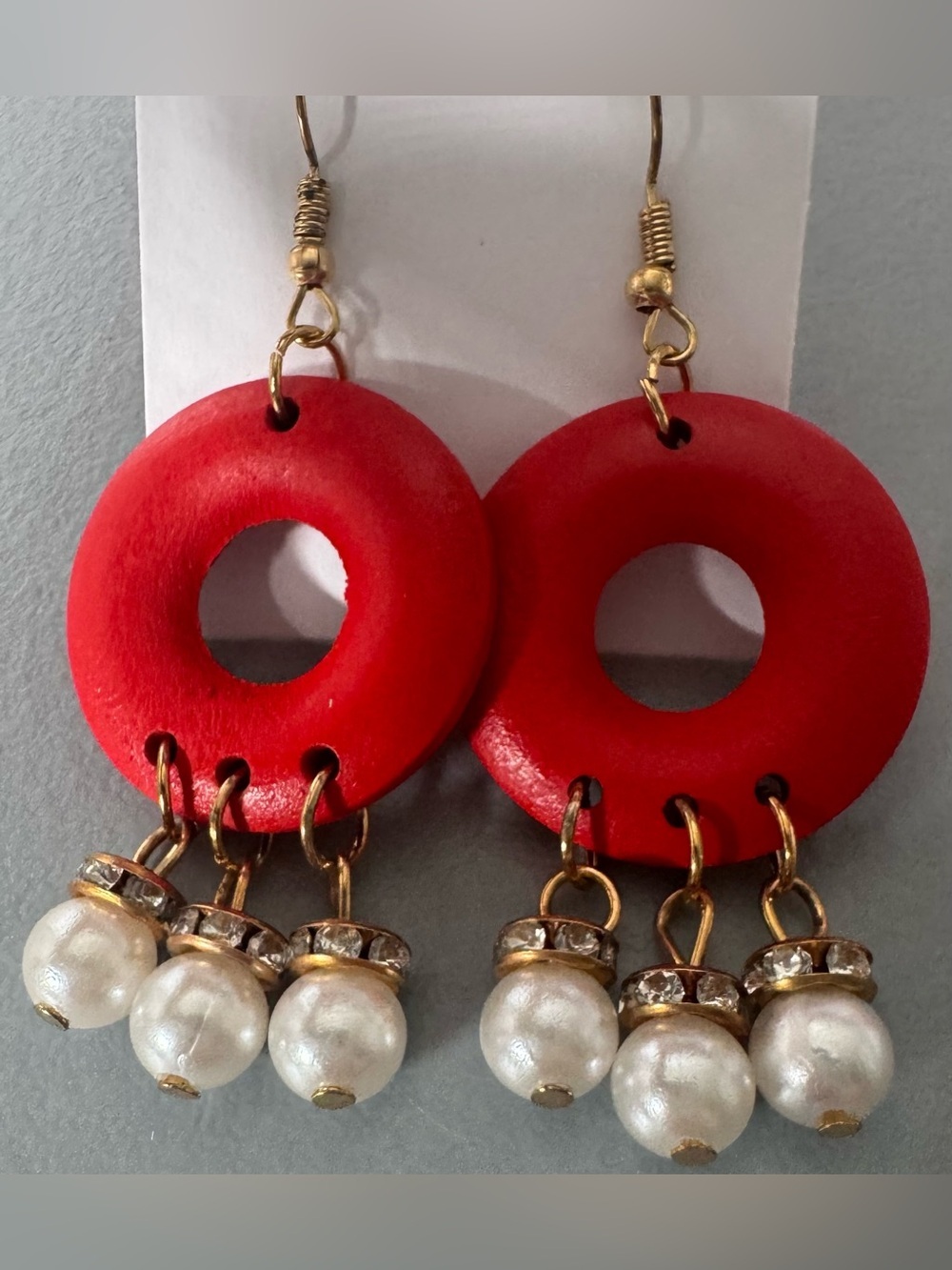 Red Hoop Drop Earrings with Pearlescent Charms retro vintage style wood